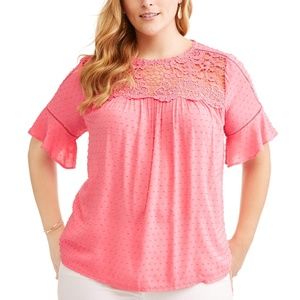 Pink plus size top 4x flowy Lace Yoke With Ruffle